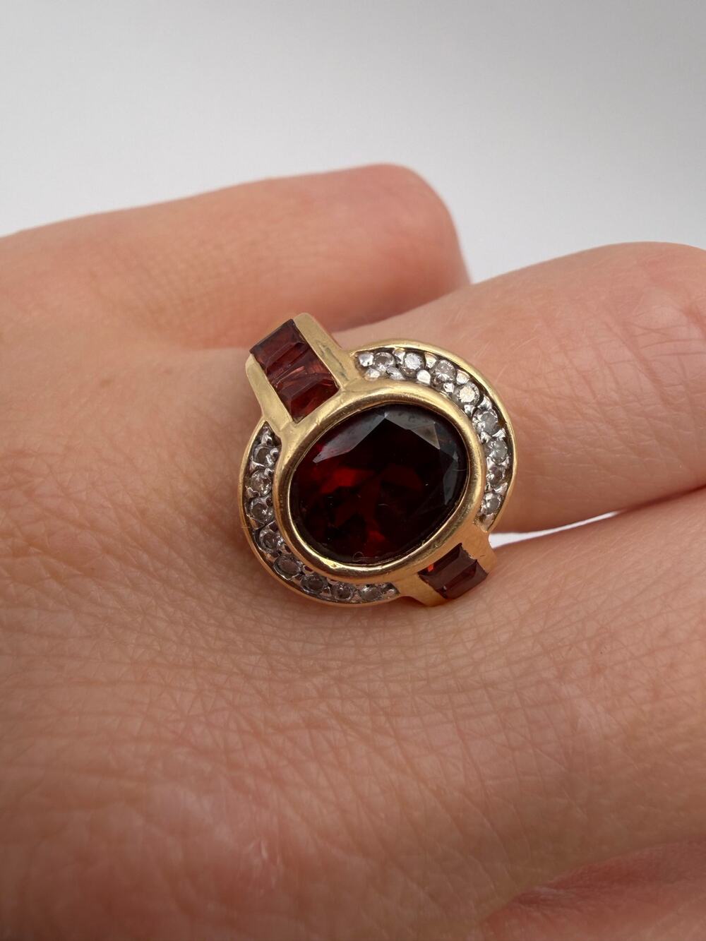 Vintage LGL Leer Gems 14K Yellow Gold Oval Garnet Accent Halo Ring Size 7.5